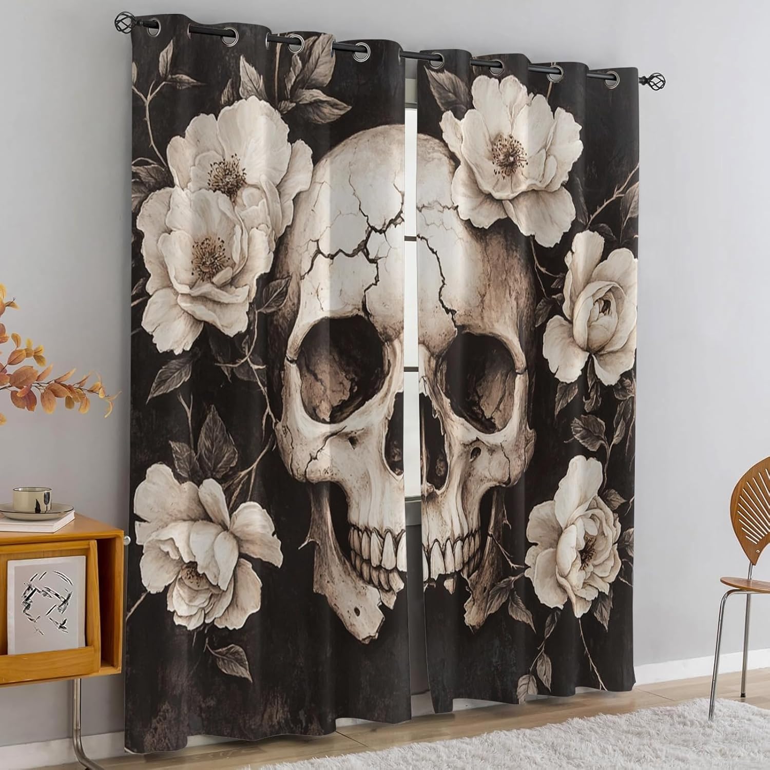 Skull Curtains for Bedroom Living Room Floral Blackout Curtains Gothic Room Darkening Drapes Grommet Window Treatments Set of 2 Panels, 27" W x 39" L x2