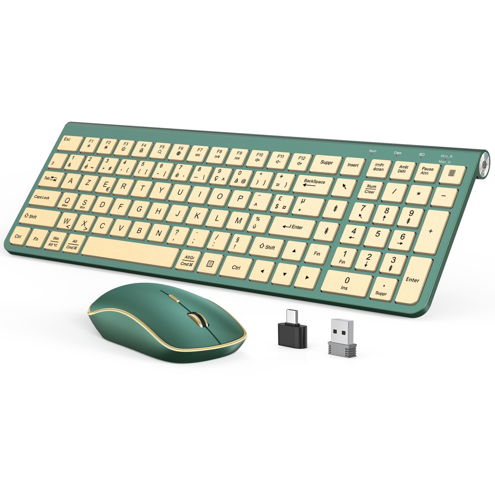 JOYACCESS Clavier Souris sans Fil, Clavier sans Fil Ergonomique, Anti-Poussière, avec Récepteur Type-C et avec Support Réglable, pour Laptop, Ordinateur de Bureau - Vert Émeraude