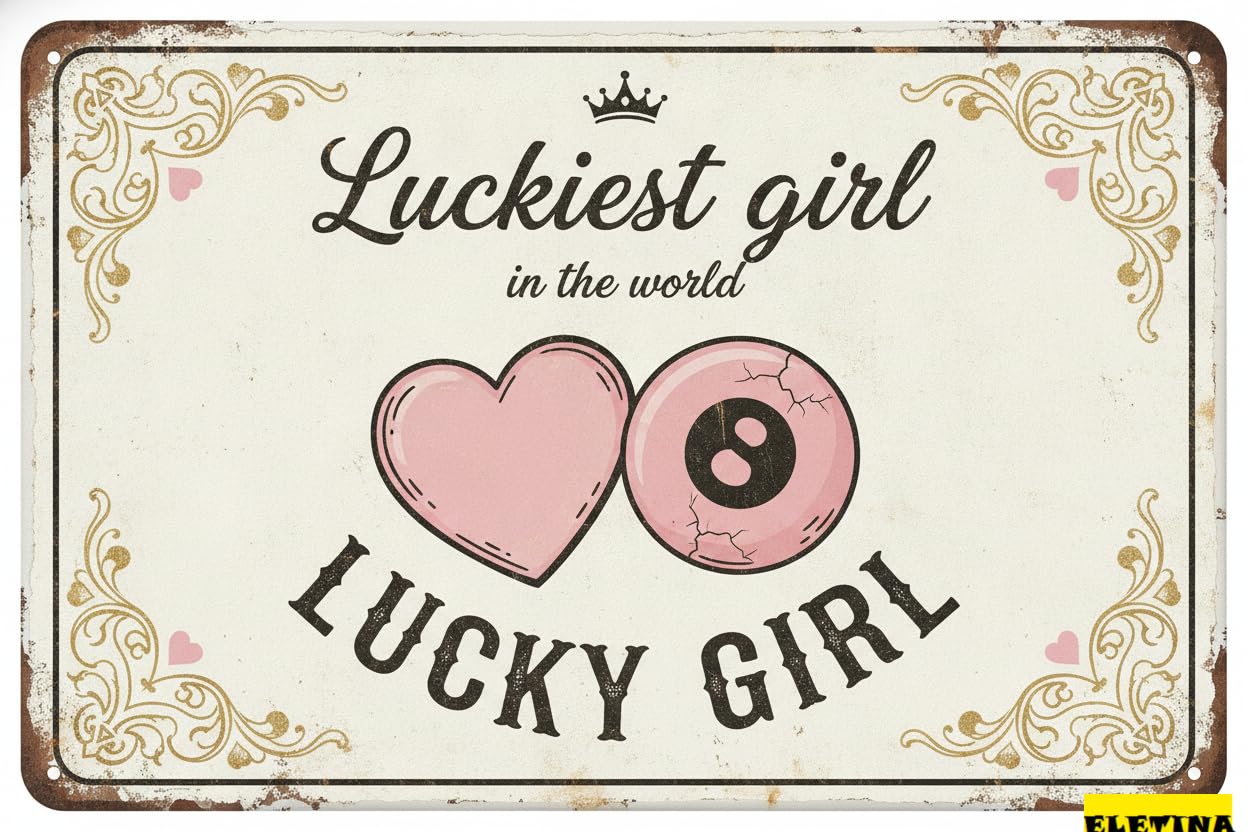 Lucky Pink Disco 8 Ball Tin Sign Set, 12x8 Inch Girls