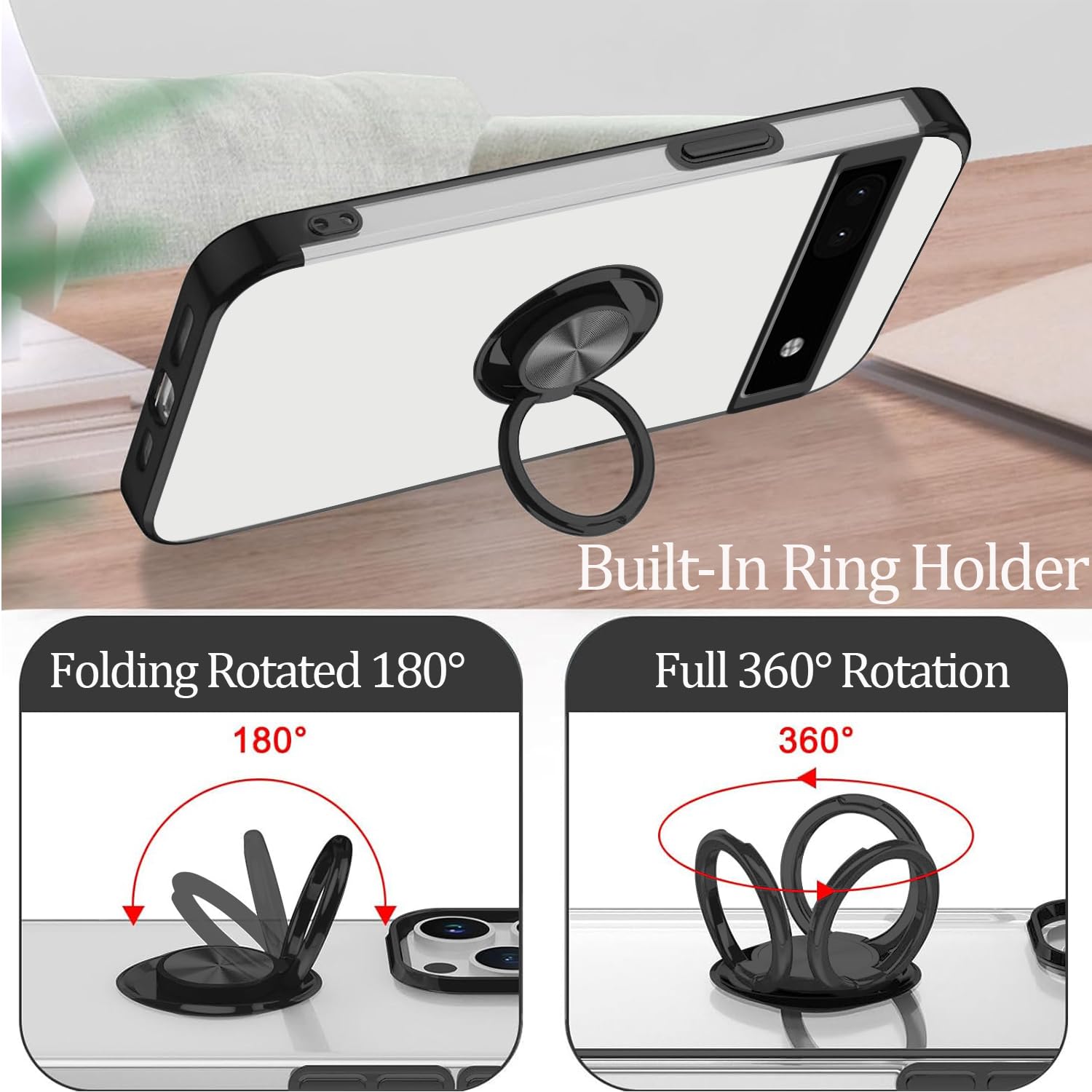 Handyhülle Für Google Pixel 6a – Transparent Mit Ring-Halter, Magnetisch, Stoßfest, TPU Silikon