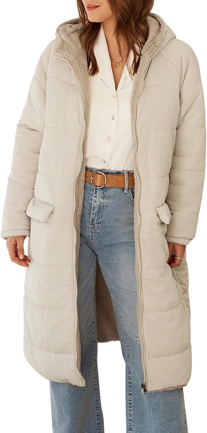 ECOWISH Women Winter Puffer Jacket - Reversible Fur Fleece Lined Hood Zip Sherpa Coat Parka Padded Long Outerwear