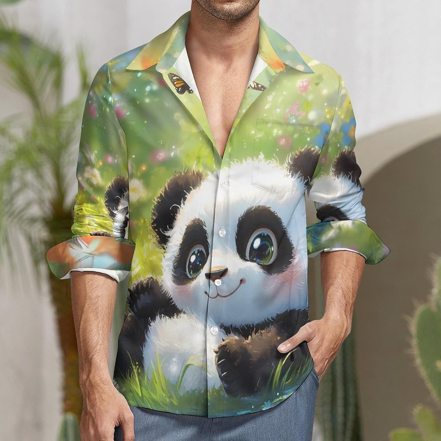 Cute Panda Butterflies Print Long Sleeve Shirts Casual Dress Shirt Button-down T-shirts for Men