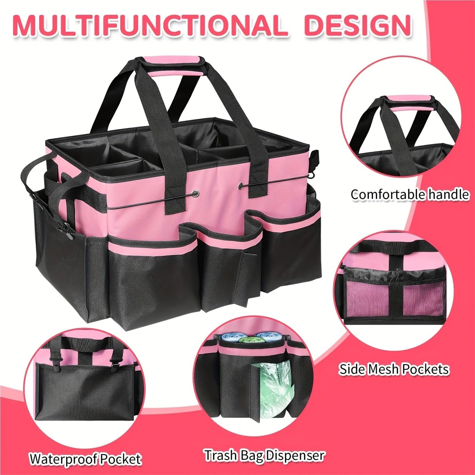 Reinigungs-Caddy-Tasche Robuste Aufbewahrungstasche for Reinigungswerkzeuge. Multifunktionale Werkzeugtasche. Große Kapazität. aus Oxford-Stoff(Pink)