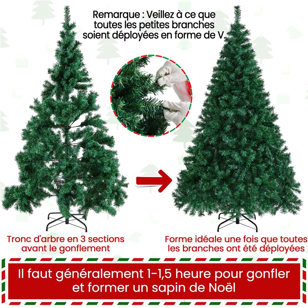 Yaheetech Sapin de Noël Artificiel 183 cm, Montage Rapide à Charnières | Arbre de Noël 1000 Branches en PVC avec Support Pliable en Métal, Pieds en Caoutchouc Antidérapants pour Maison, Bureau