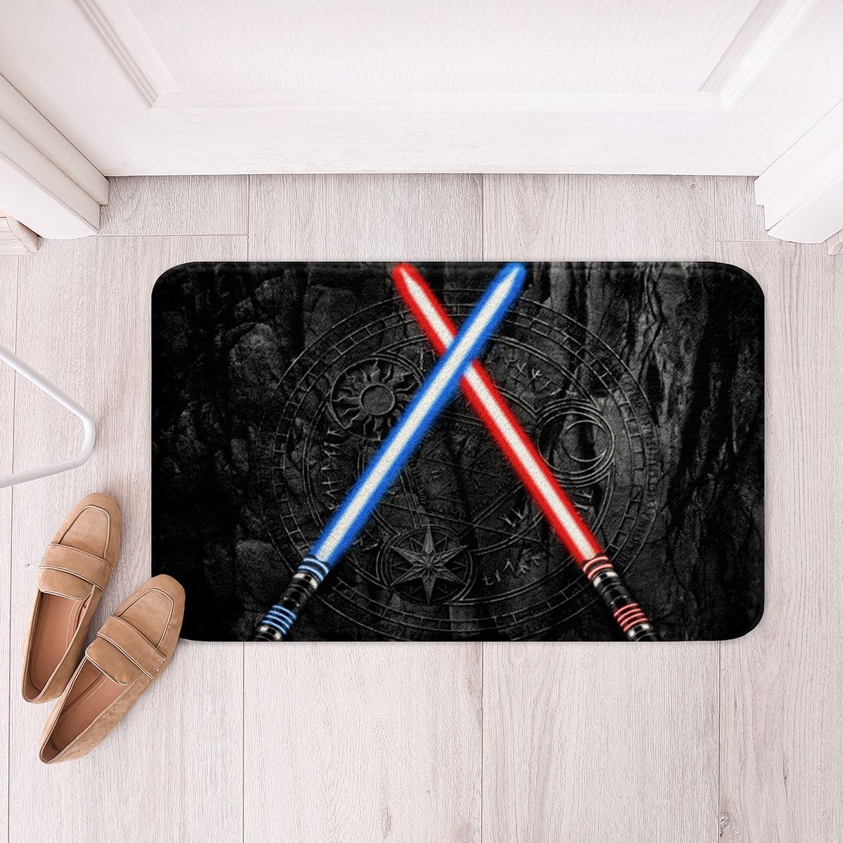 Castle Fairy Lightsaber Bathroom Rug,3D Neon Blue Red Non Slip Bath Mat,Geometric Sun Moon Round Soft Floor Mat Kids Boys Teens Fashion Modern Black