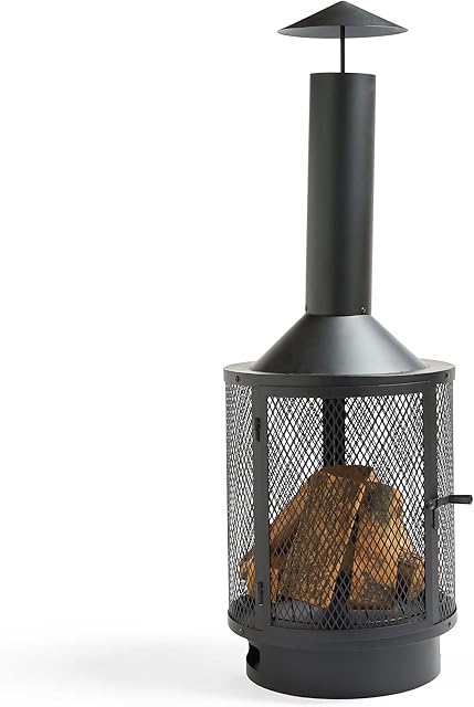 VonHaus Chiminea Log Burner Fire Pit with Fire Poker, Chimney & Cooking Grill Outdoor, Garden, Patio Heater Burner for Wood & Charcoal Powder Coated Steel Matte Black