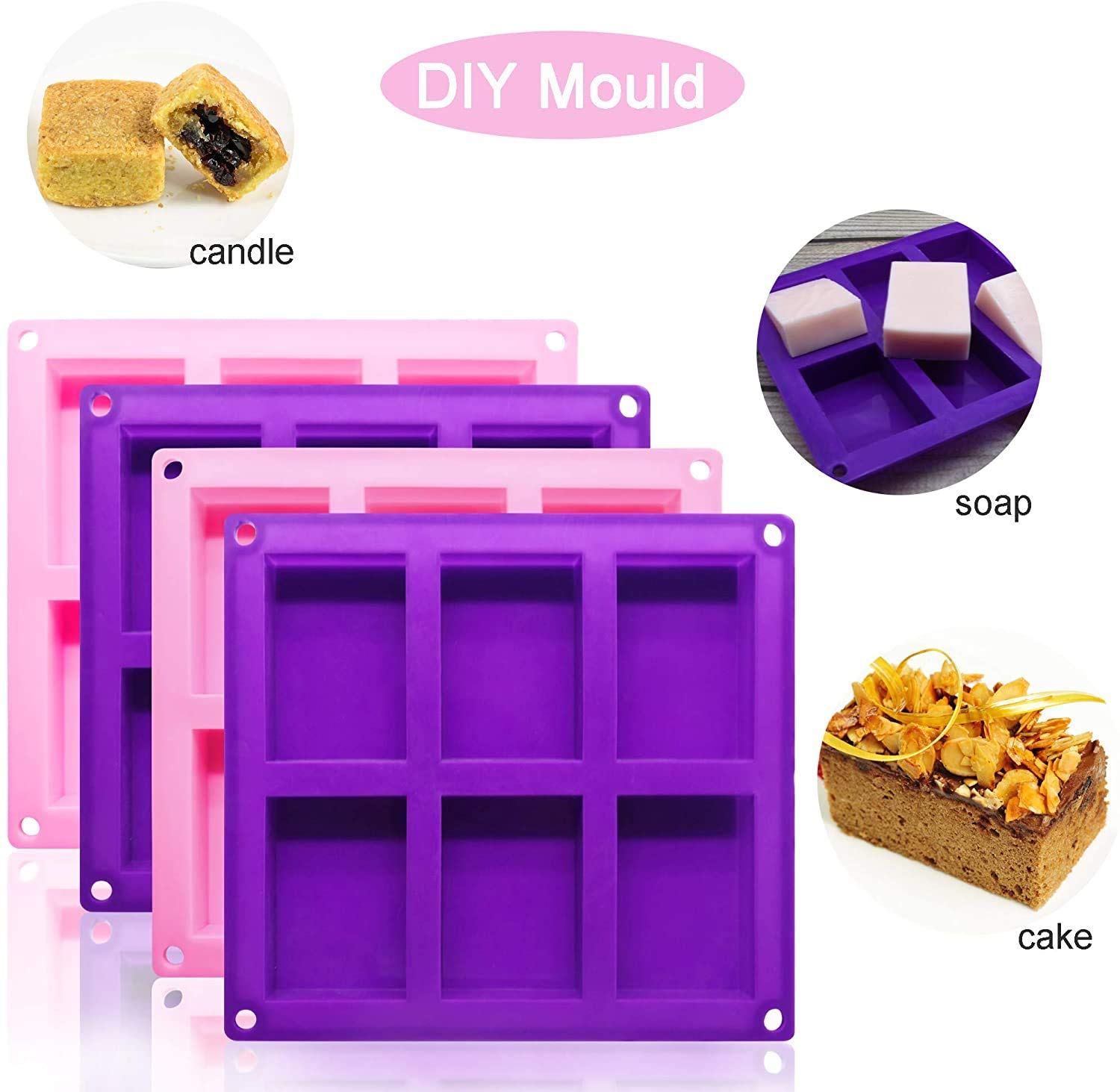 Bangp Moldes rectangulares de silicona, moldes de jabón caseros, pasteles, pan, moldes para hornear, chocolate, dulces, cubitos de hielo, jaboneras, manualidades