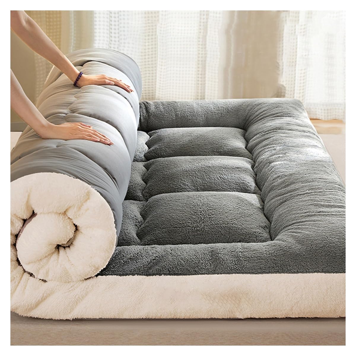 OBONG Thick Milk Velvet Mattress Topper Queen Size Winter Warmth Soft Bed Mattresses Pad 4 Anchor Elastic Bands Breathable Quilted Japanese Futon Mattress (Color : Gray, Size : Emperor-200 * 220cm)
