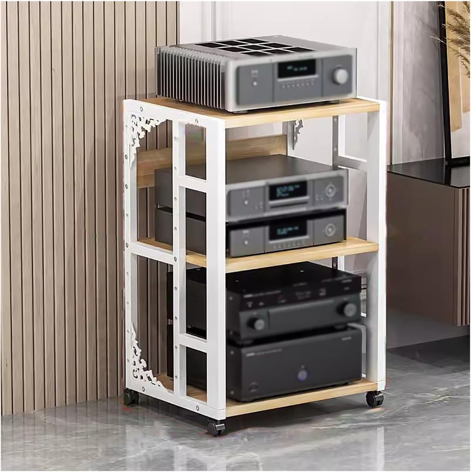 3 Tier AV Media Stand Component Storage Unit, Small Space Corner TV Stand Entertainment Center Audio Tower Rack Stereo Cabinet Printer Stand Record Player Stand With Adjustable Shelves(White)