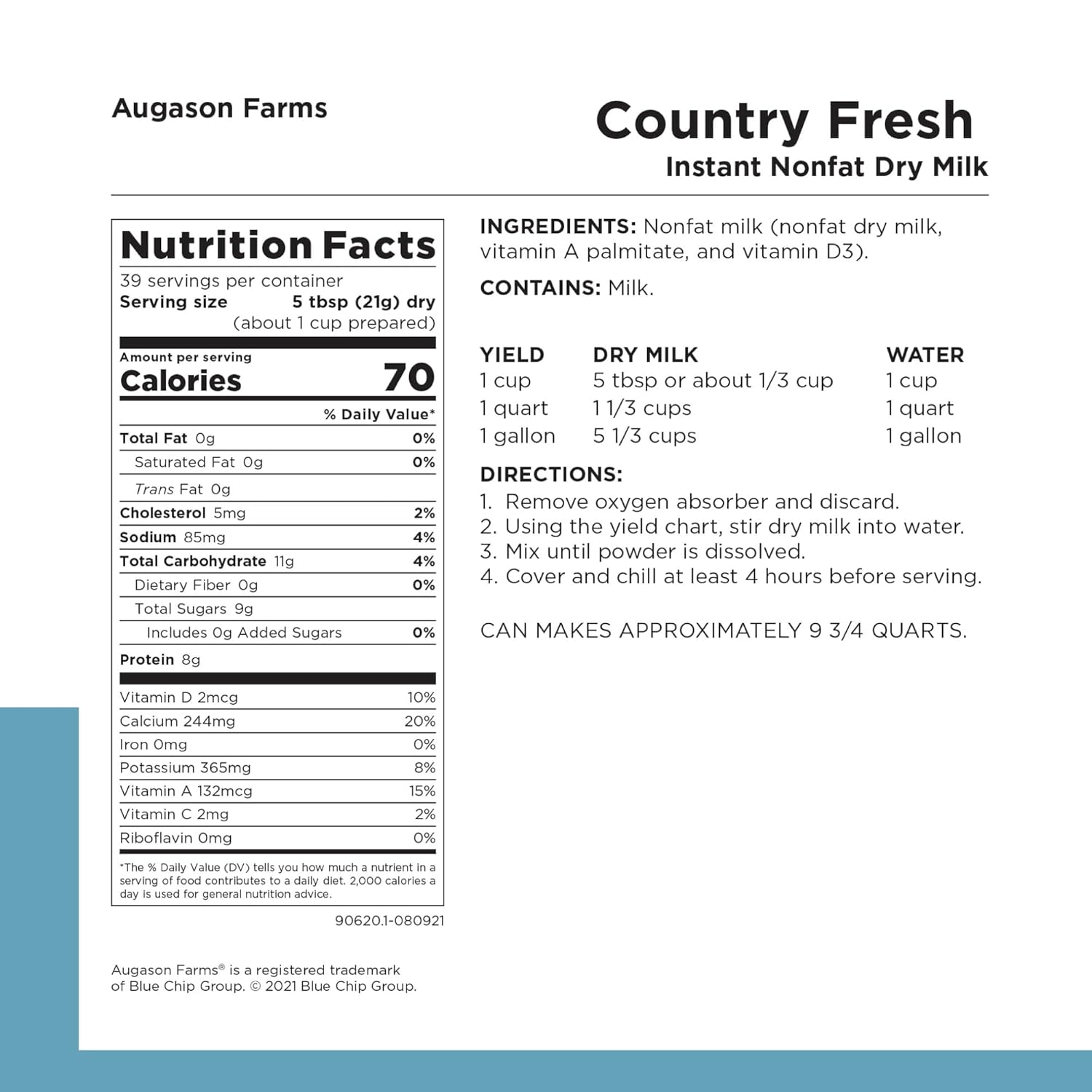 Country Fresh Instant Nonfat Dry Milk Powder, 39 Servings, 20 Year Shelf Life, Gluten Free - Canned Vitamin-Fortified Nonfat Milk Powder for Baking and Emergency Food Supplies