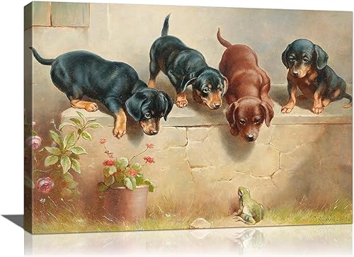 Divertido lienzo para la pared, diseño vintage de animales de bebé, curiosos cachorros salchicha y una rana, pintura en tonos pastel, ilustraciones