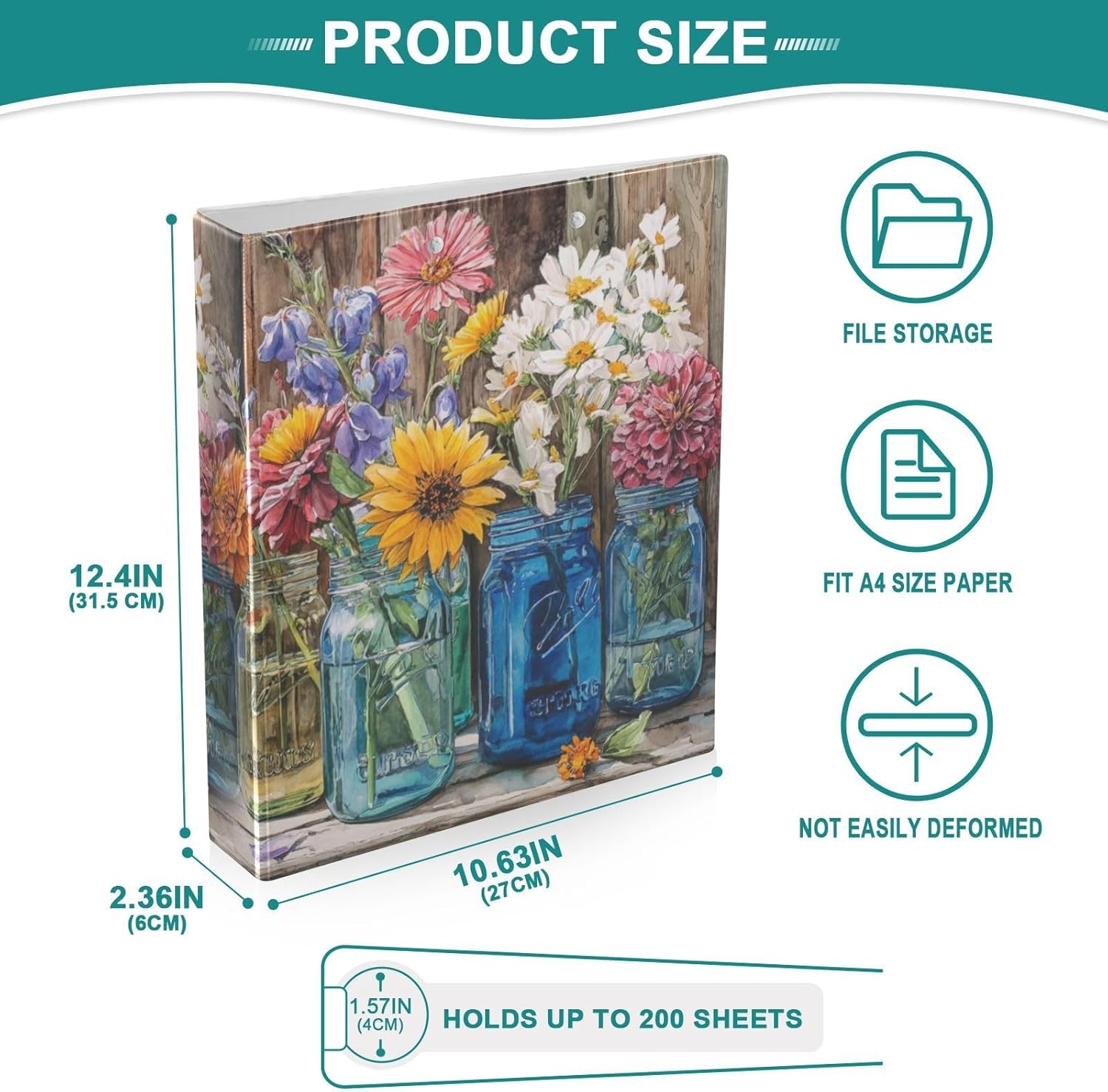 Wildflower Glass Jar 3 Ring Binders 1.5 Inch Clear View Three Ring Binders Versatile Binder for Work School Office Supply 1 Pack