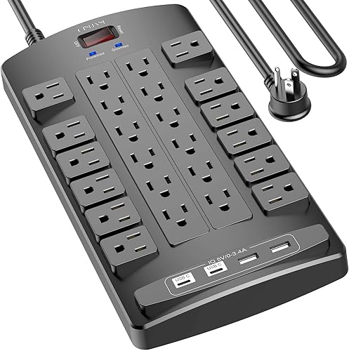 Miniatura 8 de QINLIANF Protector contra sobretensiones Regleta de enchufes - Cable de extensión de servicio pesado con enchufe plano de 6 pies con 24