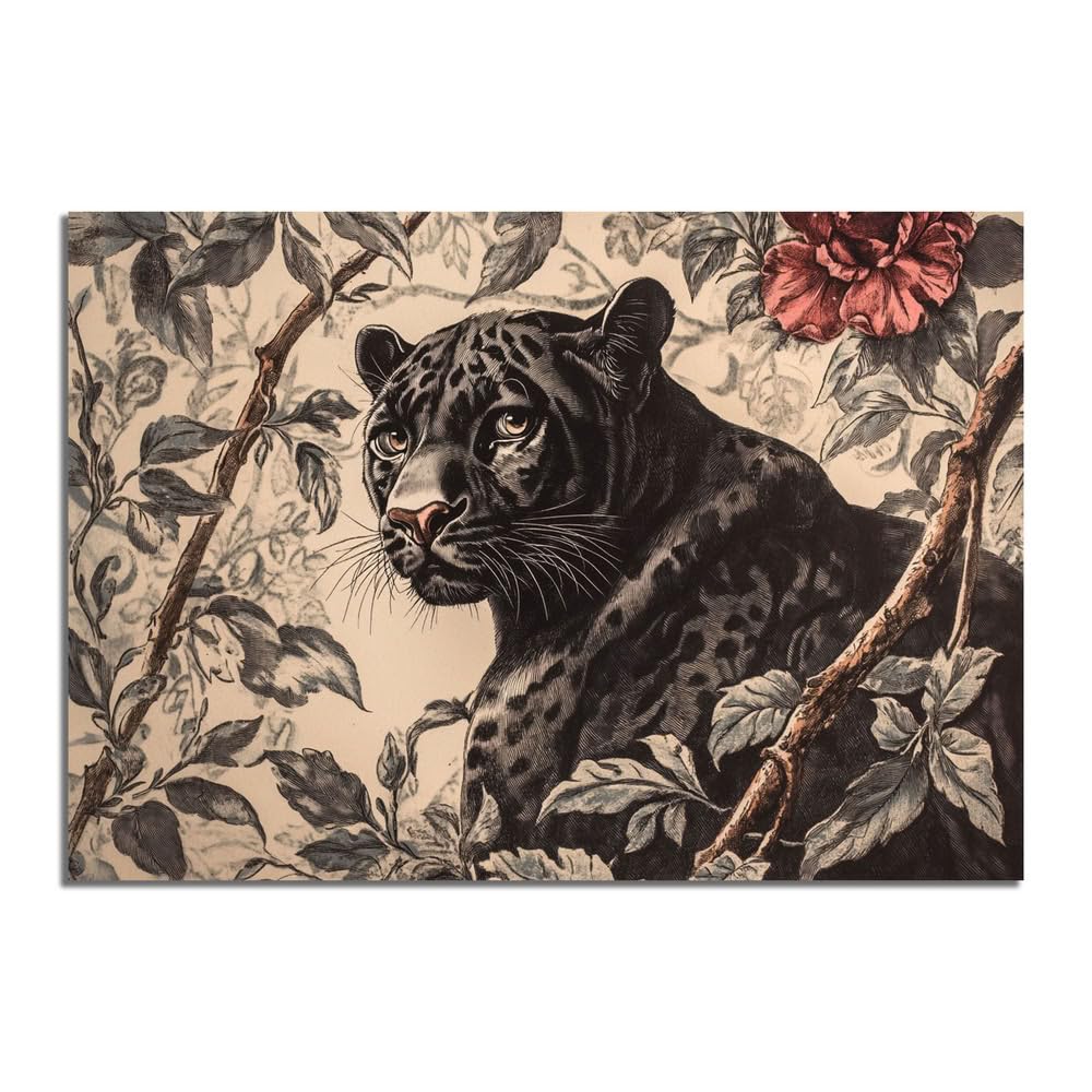 TERUEA Funny Pictures for Walls, Wall Art Poster Panther Botanical Illustration Bathroom Wall Art Poster Funny Creature Painting, Themed Wall Poster for Bathroom Toilet Decor(Black)-70x100cm Unframed