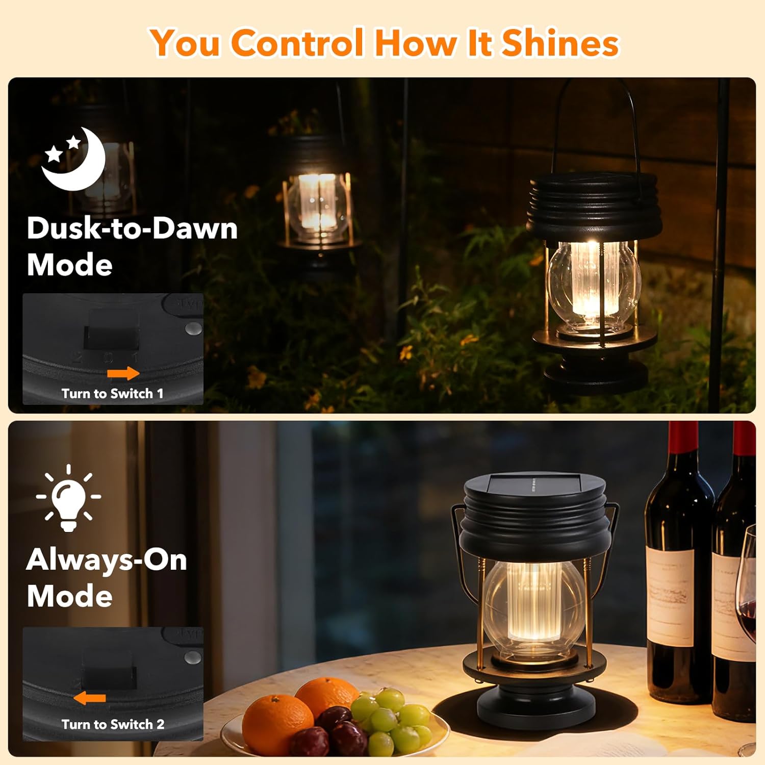Solar Lanterns Outdoor Waterproof Hanging Lights, Upgraded Dual Solar & USB Charging, Adjustable Light Sensor, Solar Powered Decorative Table Lamp, Vintage Rustic Indoor Outdoor Garden Patio Yard Gift