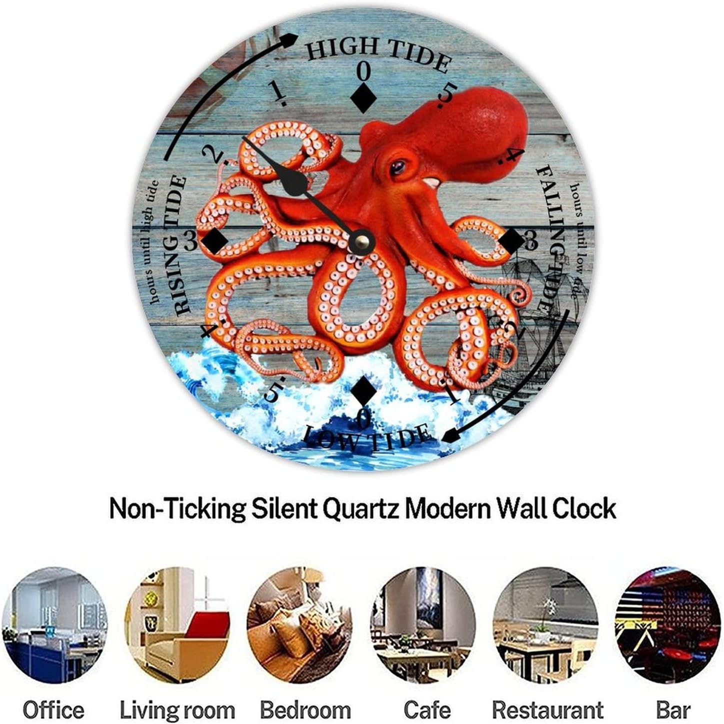 Rustic Wood Tide Clock Ocean Octopus Ocean Time Rustic Wooden Clock Wood Moon Tidal Clock for Wall High and Low Tide Movement Clock for Seaside House Cottage Hotel Camping 15x15 in