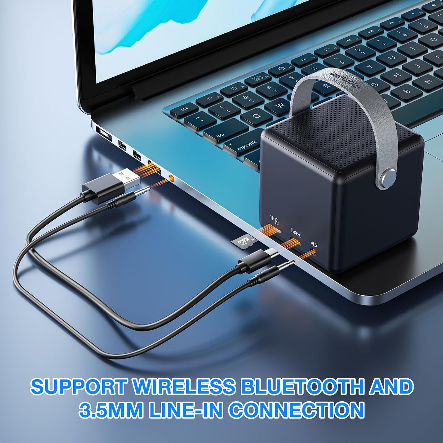 MOMOHO B40 speaker with USB-C and AUX cables connected