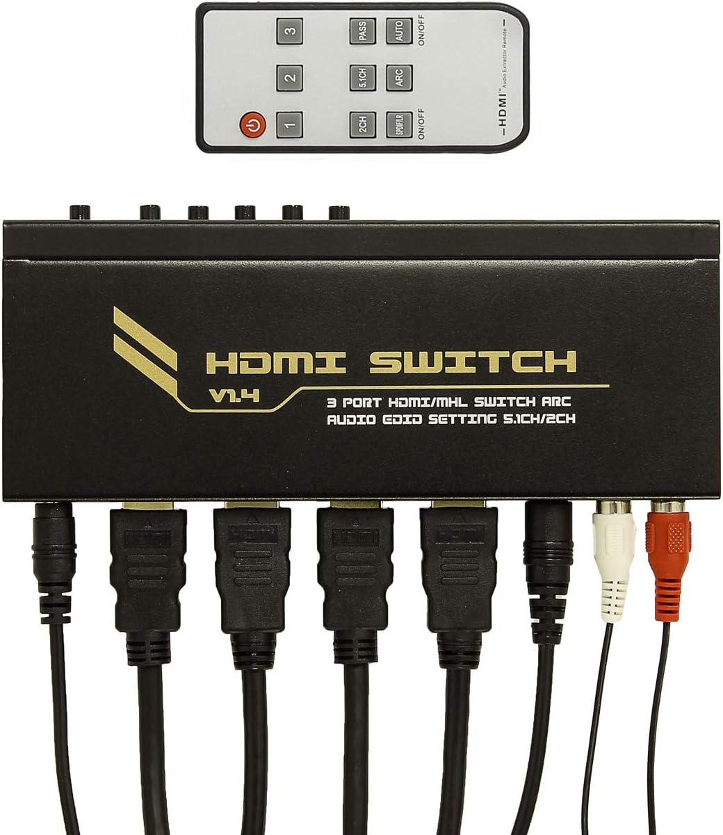 enKo 3 x 1 HDMI Switch Hub 3 Ports 3x1 Switch Splitter Supports Ultra HD 4K x 2K HDMI / MHL with Audio Extractor Includes IR Remote Control