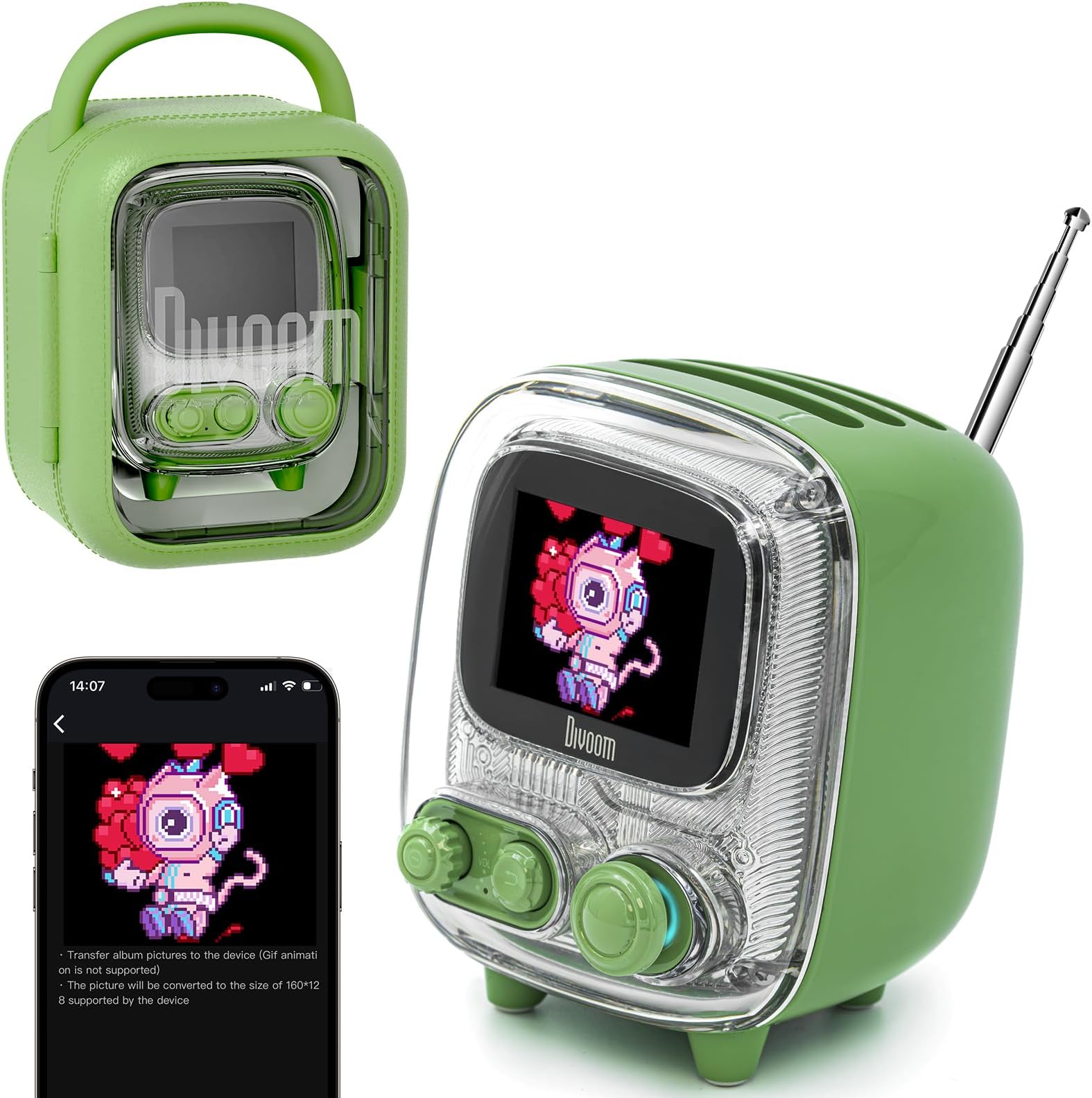 Tiivoo-2 Portable Bluetooth Speaker with FM Radio,Pixel Art Retro Mini Small Cute Wireless Speaker,Vintage Decor Suitable for Party Office Desk Home Bedroom Kitchen,Gifts for Women Men,Green