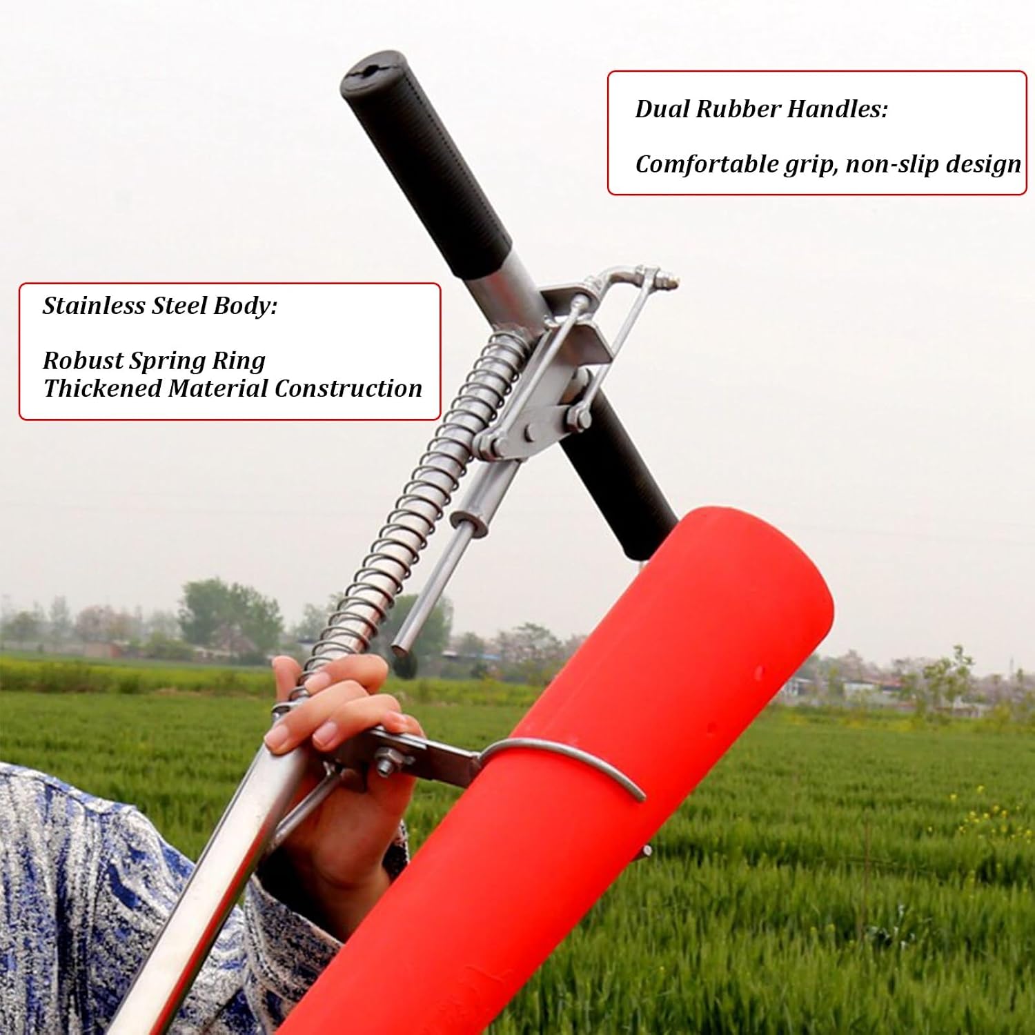 Double Handle Seedling Transplanter, Stand-Up Vegetable Hand Seedling Planter with Pedal&Guide Tube, Stainless Steel Manual Planting Garden Tools for Slender Seedlings
