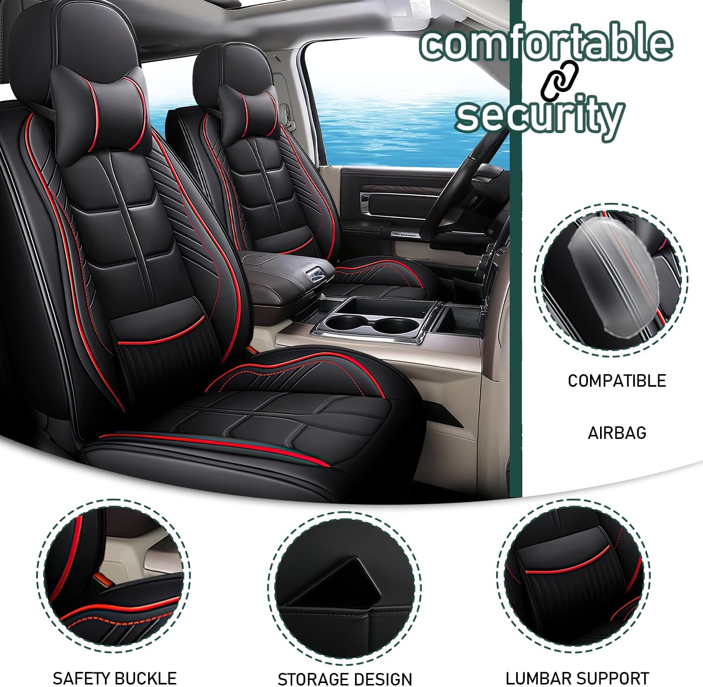 Car Seat Covers Fit for KIA Carnival 2022-2025 | 7 Seat Car Seat Cover | No-Slip Waterproof Breathable Nappa Leather Automotive Seat Covers Auto Interior Covers.Black Red,Full Set with Pillow