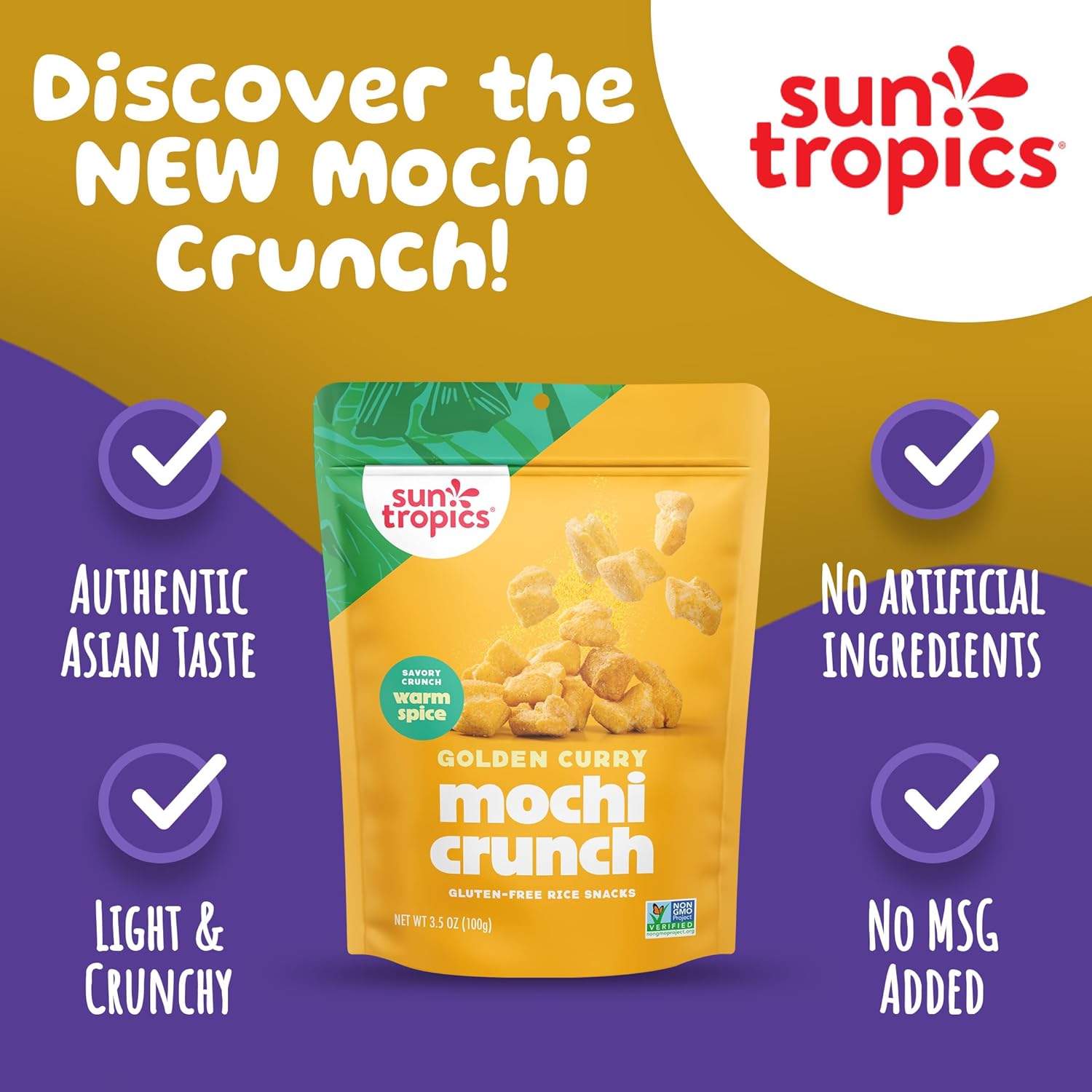 Sun Tropics Mochi Snack Bites, Golden Curry Flavor- 3.5 oz (1 Pack) | Crispy Crunchy Bites, Rice Nuggets | Mochi Puff Rice Crackers- Gluten Free & Dairy Free- No MSG Added | Asian Rice Snacks