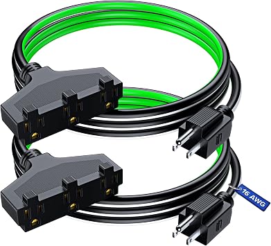 Extension Cord 3 ft, 2-Pack SJTW Extension Cord with Multiple Outlets, 16 Gauge Black, White and Green ETL Listed
