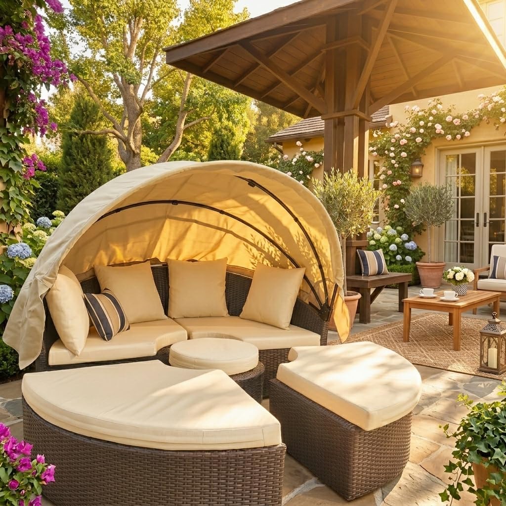 Patio Outdoor Daybed Canopy Replacement, Retractable Top Cover for 66in Outdoor Rattan Wicker Sectional Porch Sunbed (Only Canopy) (Khaki)