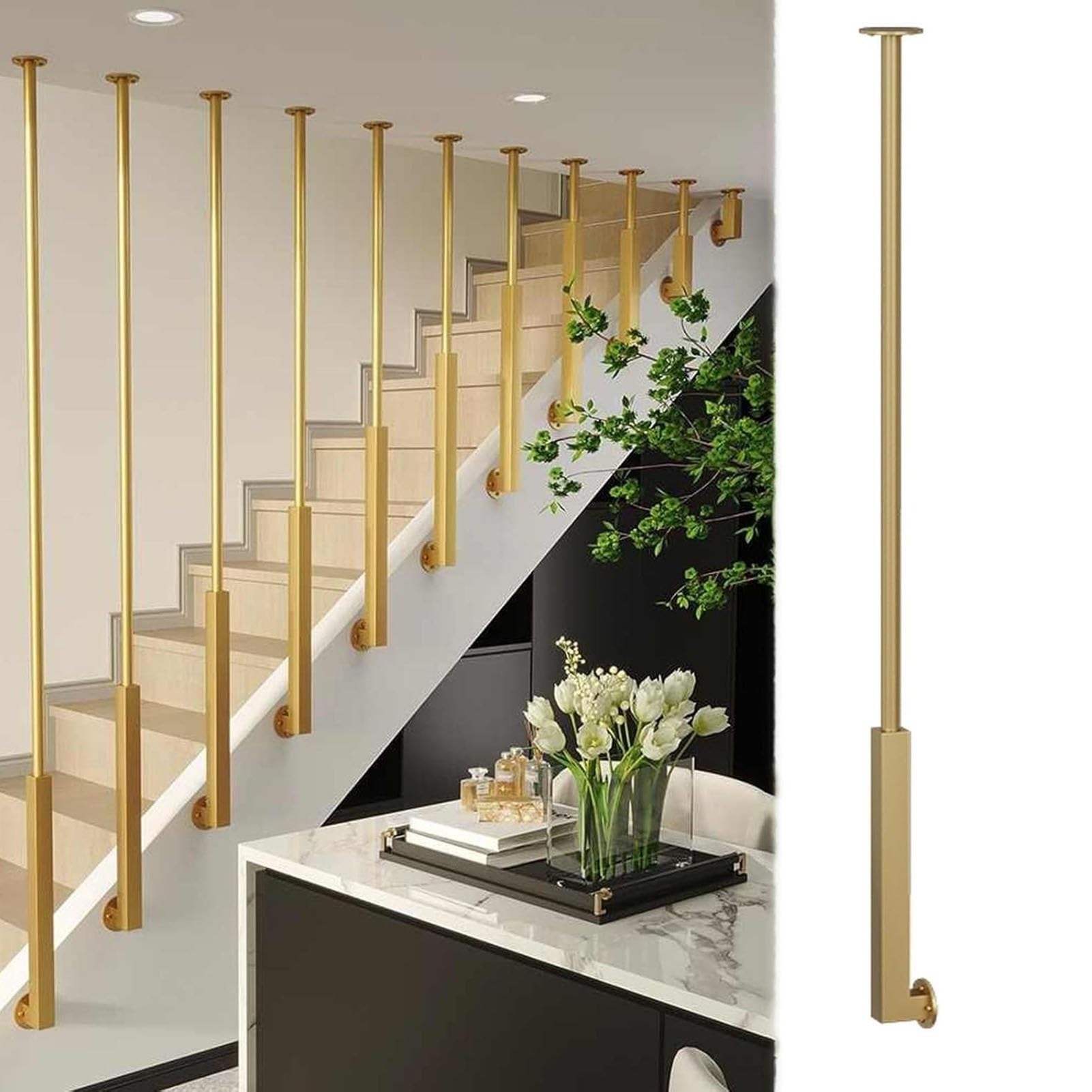 JOUFNING Wall Handrail - Industrial Pipe Balusters Pot, Metal Iron Handrails for Indoor Steps, Safety Grab Rail Support, for Loft Porch Corridor Villa(Gold,3.1ft/95cm)