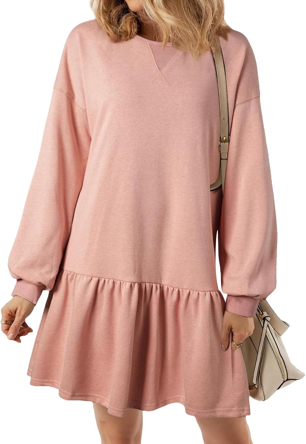 Zhyaj Women's Long Sleeve Patchwork Sweatshirt Dress Crewneck Flowy Ruffled Sweatshirt Mini Dresses Cute Outfits