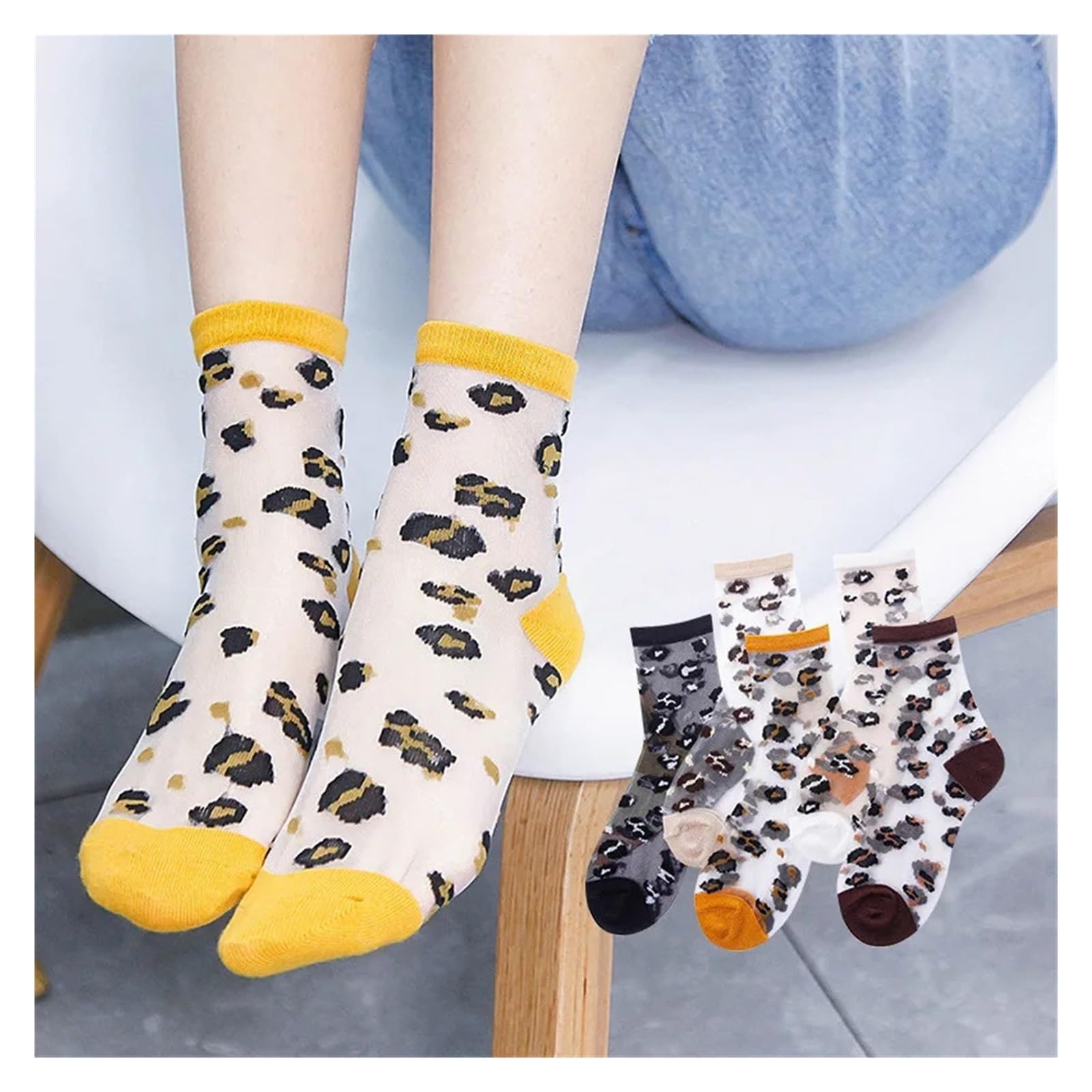 Medias Cortas Mujer 3 pares de calcetines transparentes primavera y verano for mujer, con estampado leopardo, informales transpirables