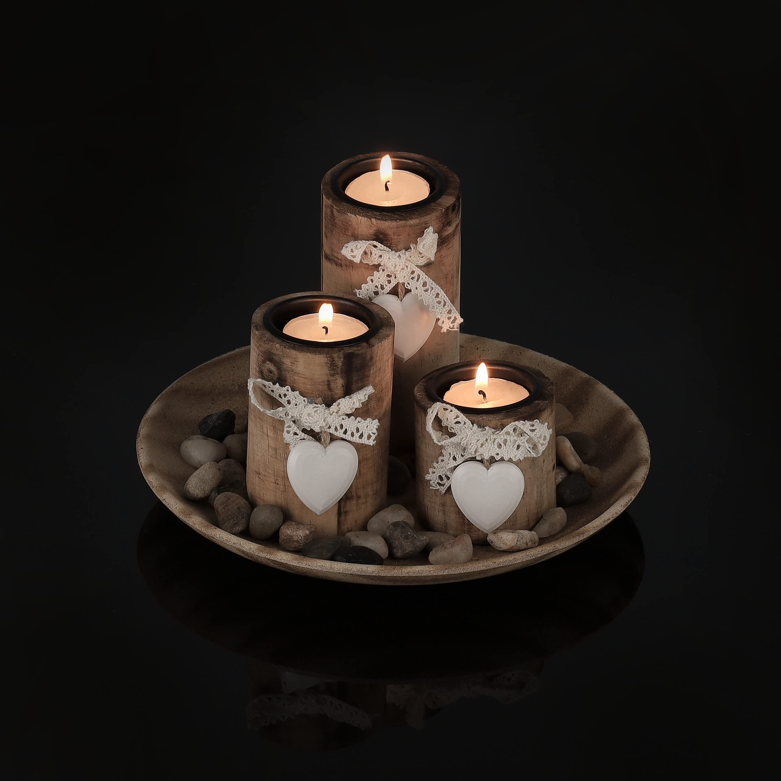 Relaxdays Portacandele, Vassoio e Vasetti, Centrotavola Rotondo, 3 Candeline, Legno di Pino, Cuori, D 21,5 cm, Naturale