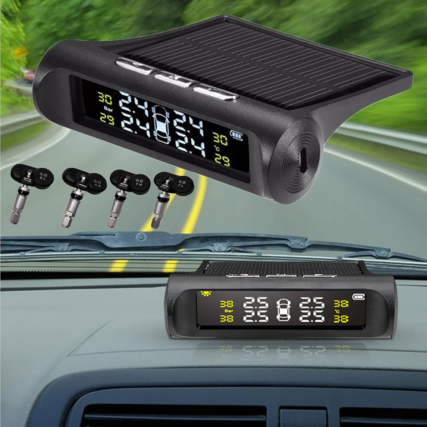 Tire Pressure Monitoring System - Torcarvh Solar Power Wireless TPMS Monitor with 4 External or Internal Sensors LCD Display Real-time Alarm Pressure Temperature for Van Truck Cars (internal)