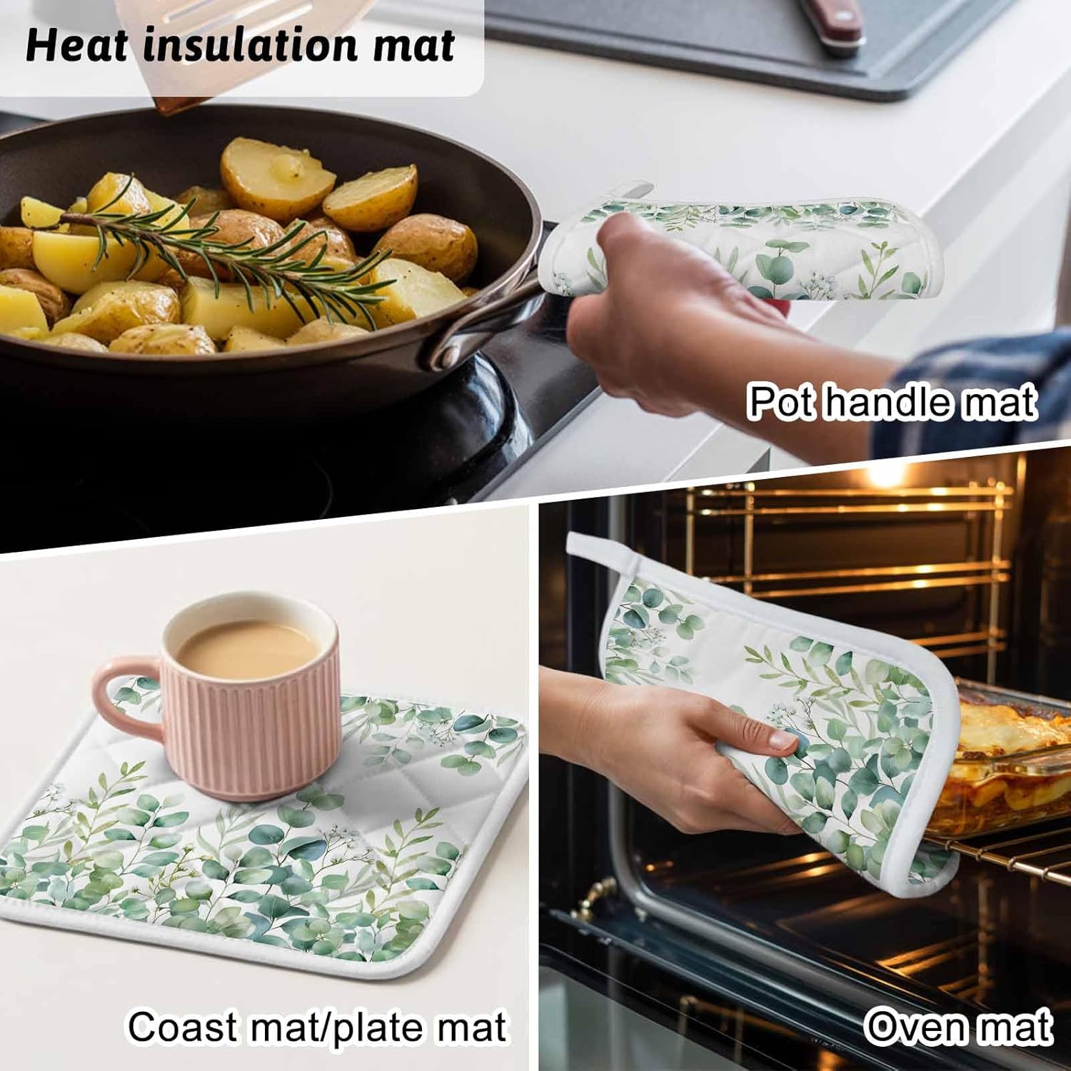 5 Pack Pot Holders for Kitchen, Green Eucalyptus Leaves Hot Pads for Kitchen Countertops Oven Pot Holder Bulk, Watercolor Spring Summer Botanical Heat Insulation Potholders with Hanging Loops