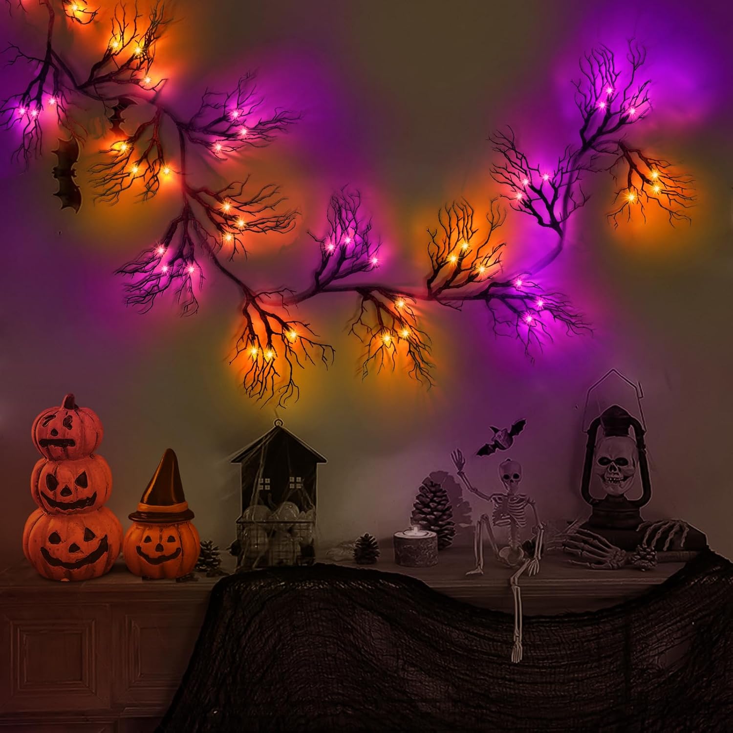 LEASEN [8 Modes & Timer] 6 Ft 45 LED Halloween Willow Vine Twig Garland Decorations Orange & Purple Lights, Battery Operated Waterproof Halloween Decorations for Home Wall Fireplace Mantle Decor