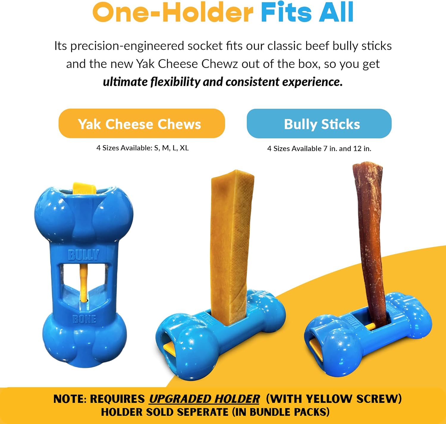 Yak Cheese and Bully Stick Holder Combo Pack, Medium Yak Cheese (4 Pcs) and 7" Standard Bully Sticks (5 Pcs) - Includes Bully Bone Holder for Safe, Secure and Smarter Chewing