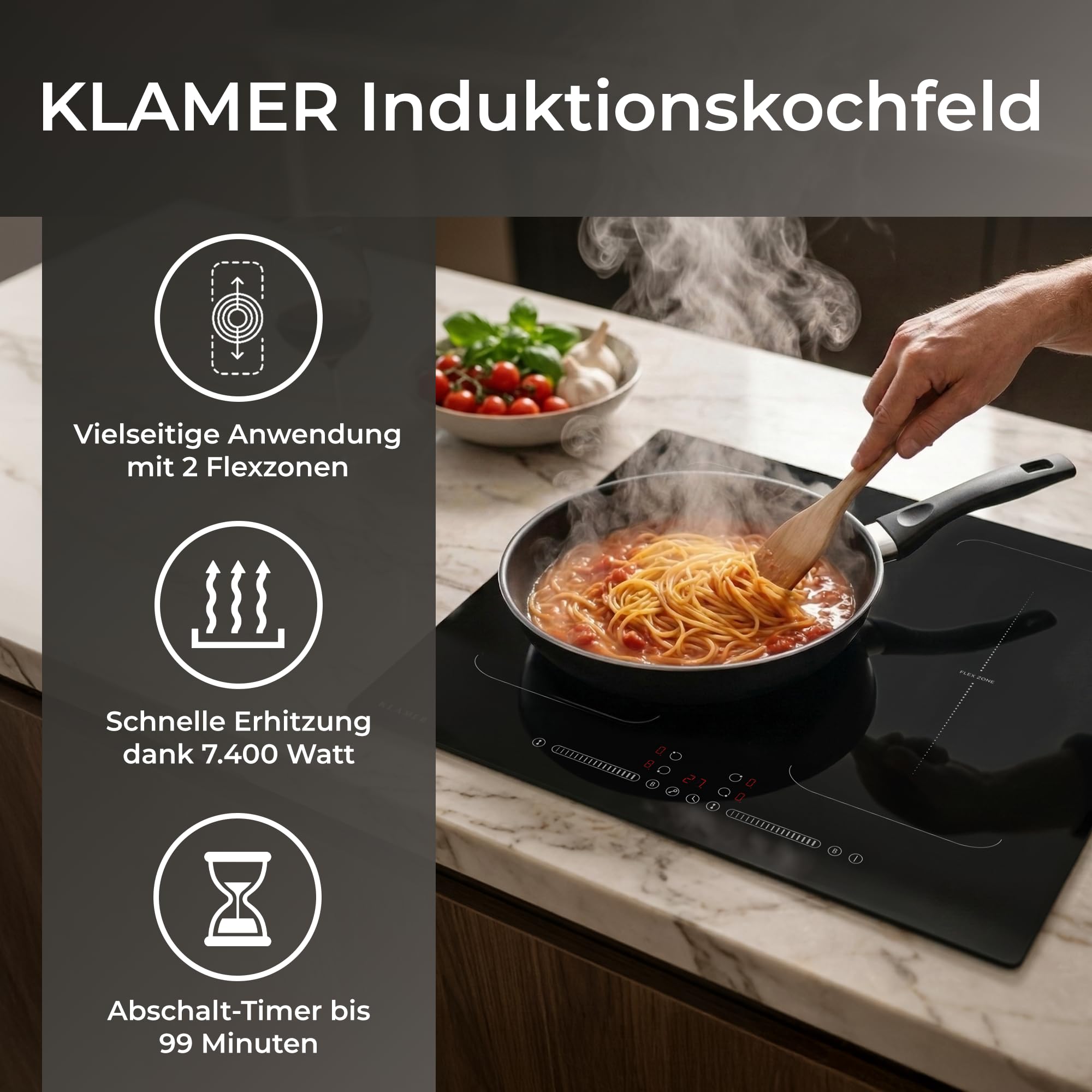 KLAMER Induktionskochfeld 60 cm, 4 Zonen mit 2 Flexzonen, 7400 Watt, Boost Funktion, 9 Leistungsstufen, Timer 99 min, Kindersicherung, Kratzfeste Glasoberfläche - 3