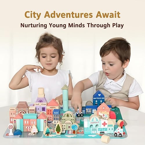 Miniatura 3 de Juego de bloques de construcción de madera, apilador de construcción de ciudad, juguetes educativos de aprendizaje preescolar, juguetes para niños y