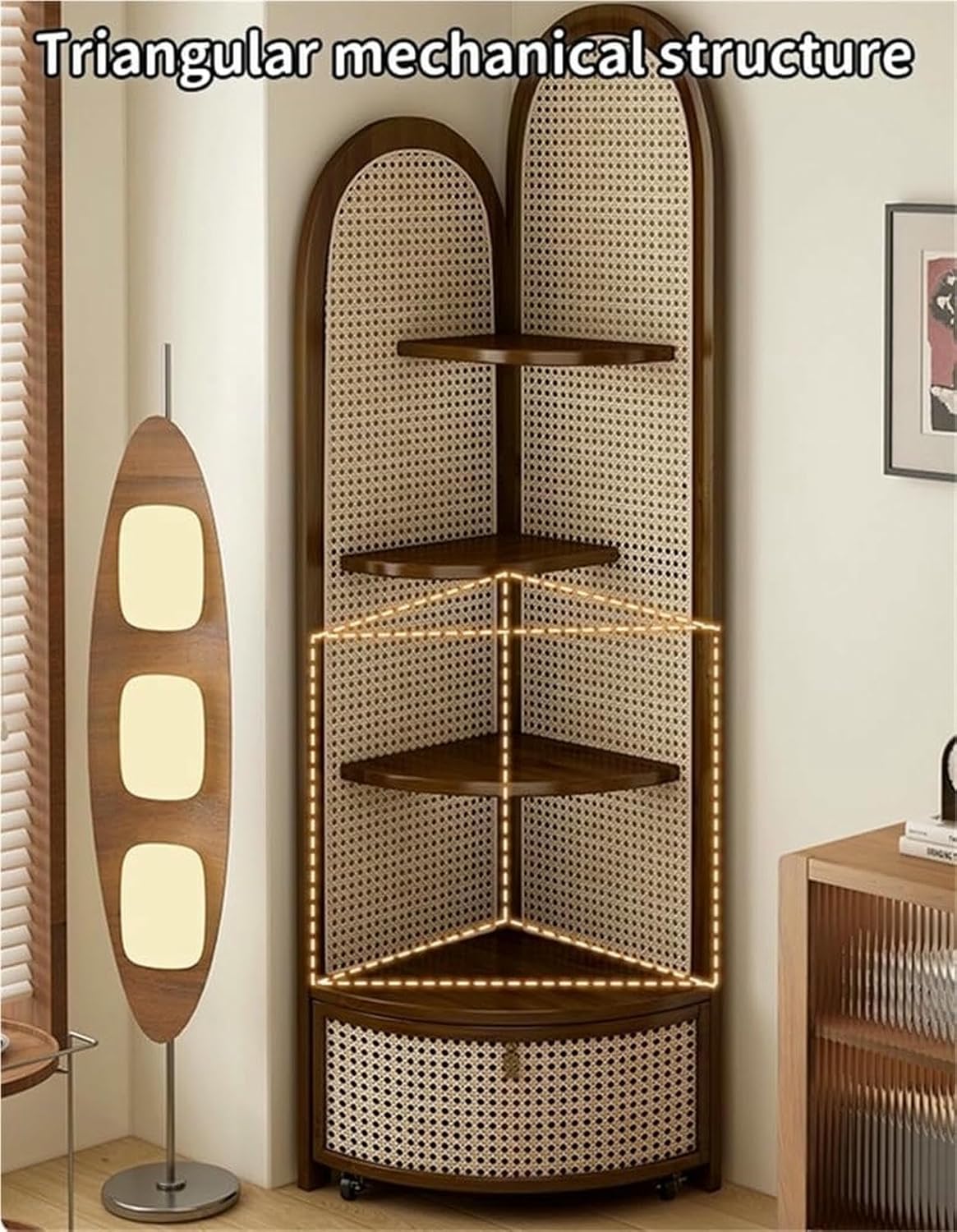 Wood Rattan Corner Shelf - 4-Tier Multi-Functional Triangular Cabinet for Living Room & Bedroom Storage - Stylish Brown Floor Standing Bookshelf