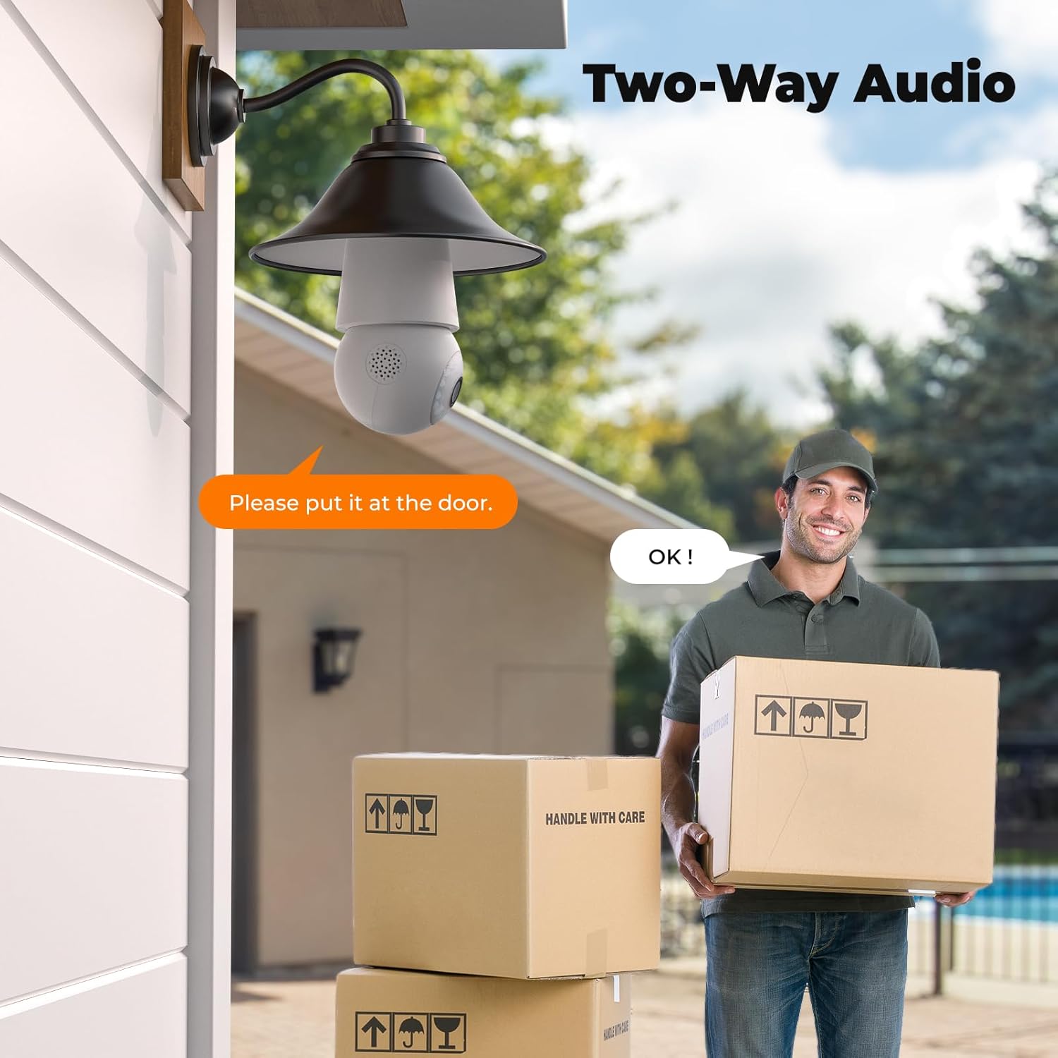 Image showing a person speaking through the DEATTI camera to a delivery person, demonstrating two-way audio communication.