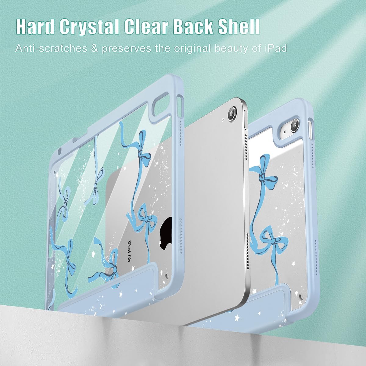 Tuiklol Case for iPad Air 11 Inch M4 2026 / Air 11 Inch M3 2025 / Air 11 Inch M2 2024 / iPad Air 10.9 Inch 2022 2020, Buit in Pencil Holder with Shockproof Cover Clear Transparent Back, Bow-Blue