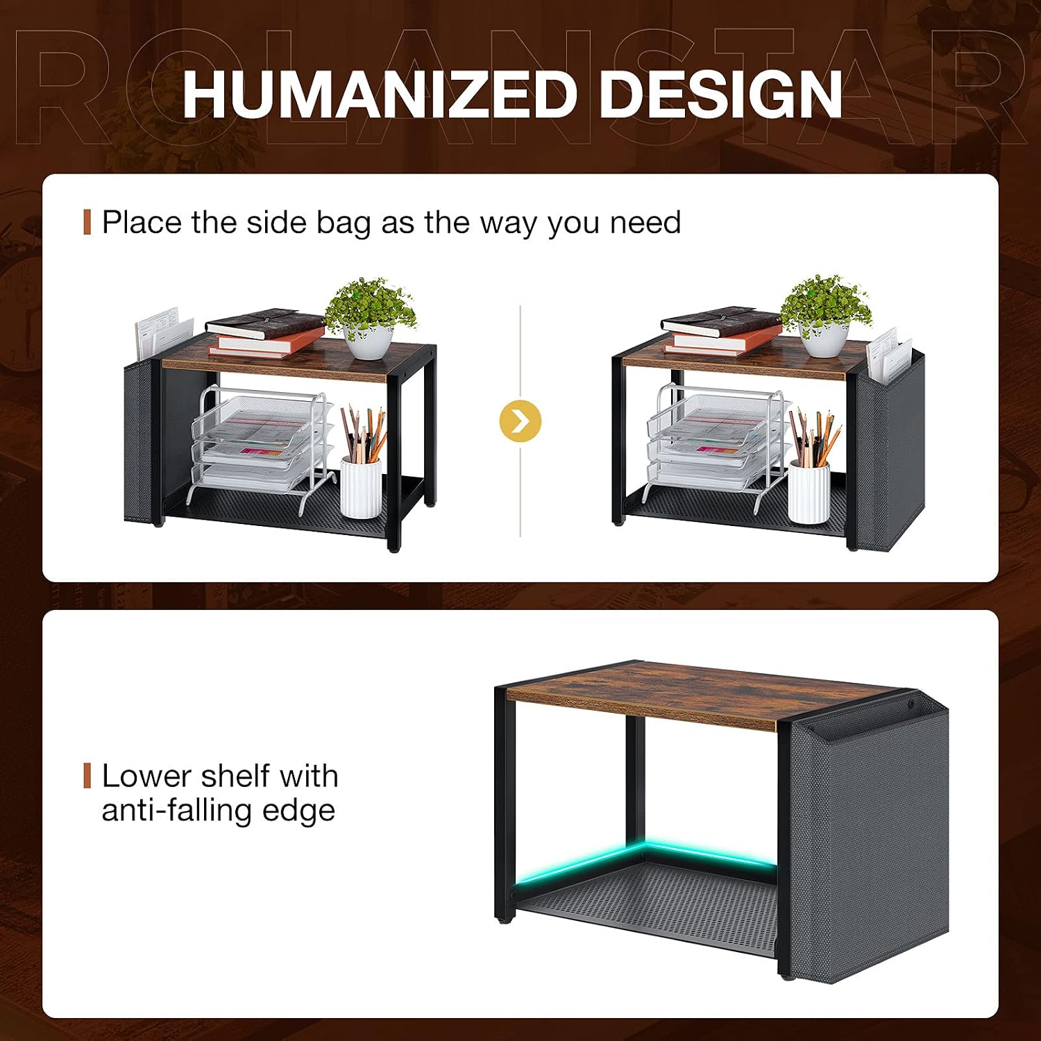 Rolanstar Desktop Printer Stand with Storage Bag, Desk Stand for Printer, Wooden Multi-Purpose Desktop Storage Organizer Shelves for Fax Machine, Scanner, Files, Rustic Brown