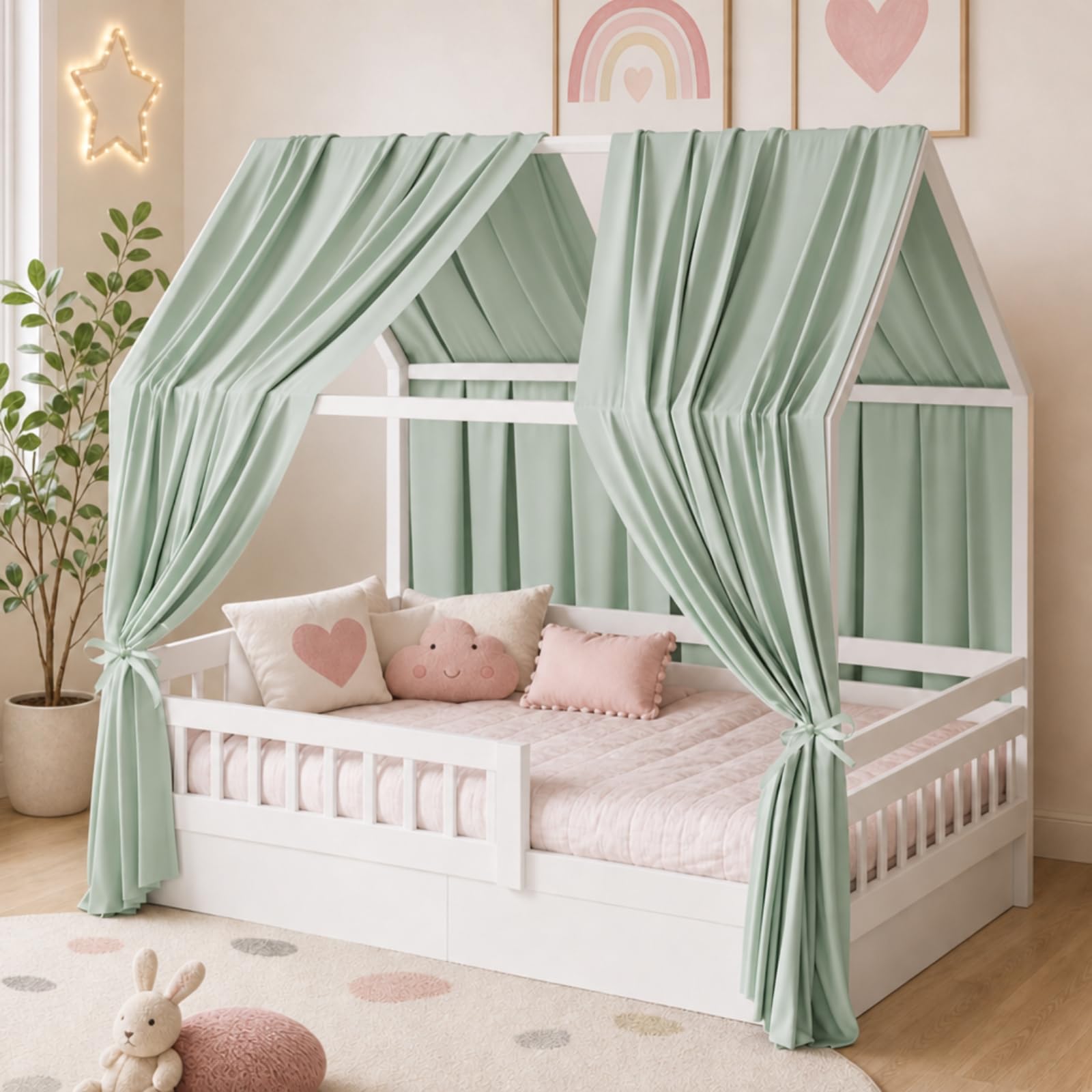 Lot de 2 baldaquins de lit en mousseline douce pour lit de maison, ciel de lit fille et garçon, décoration de chambre d'enfant, 135 x 350 cm, vert clair
