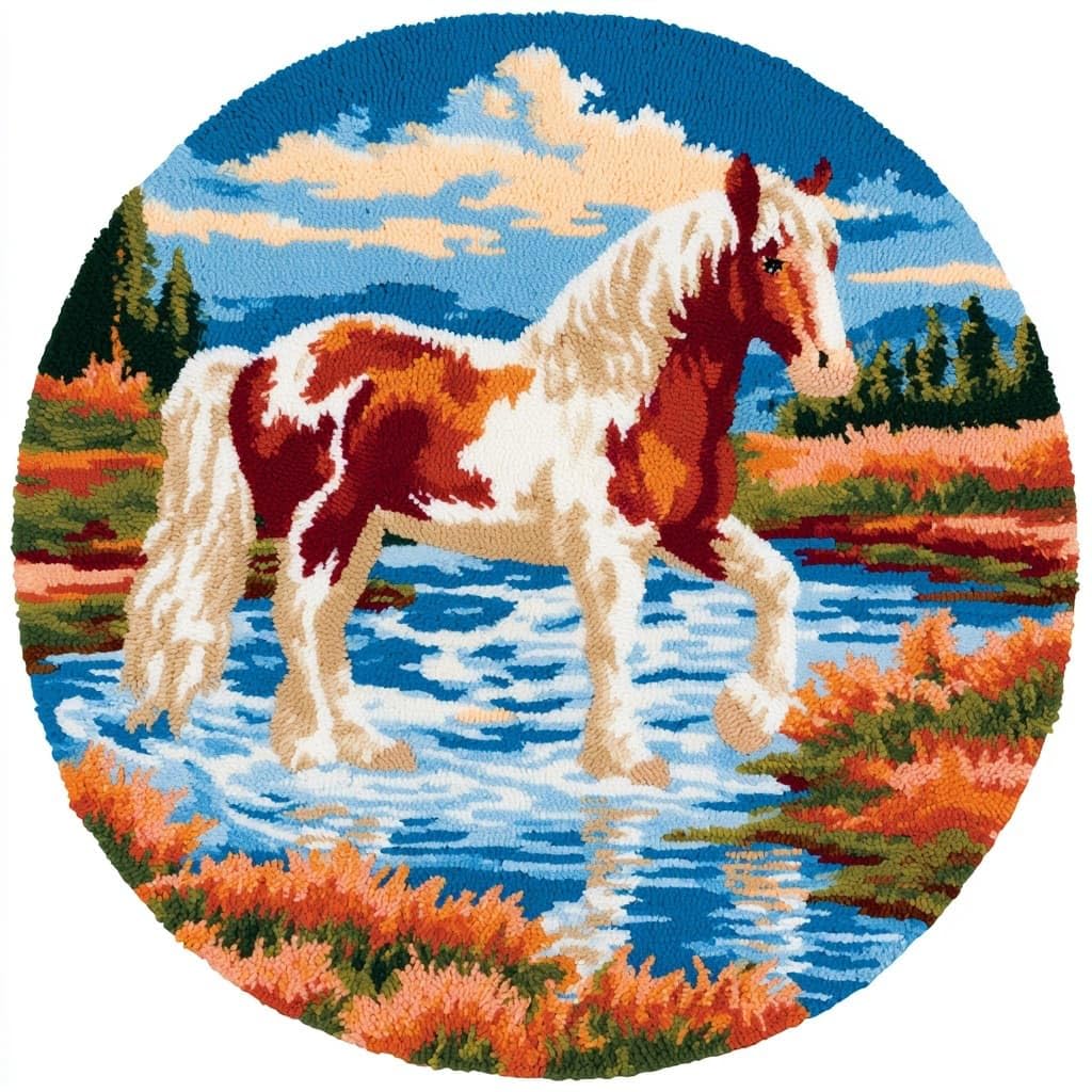 AMBATTERY Round Latch Hook Kits Pre-Printed Rug,Rivers and Horses