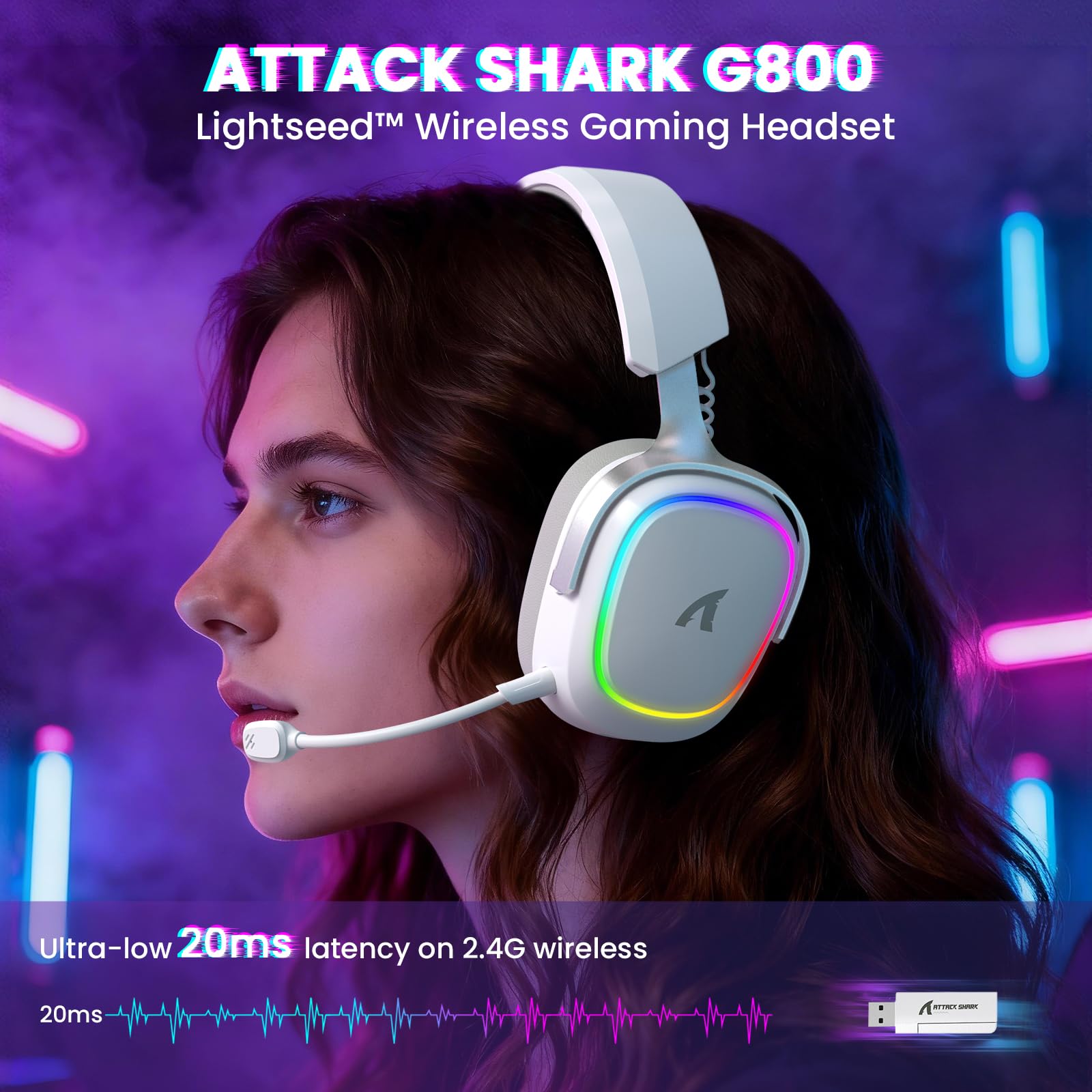 ATTACK SHARK G800 Auriculares Gaming Inalámbricos, Batería 1000 mAh, Micrófono Desmontable, Marco de Aleación de Aluminio, Sonido Surround 3D, Latencia 20 ms, Drivers 50 mm (Blancos)