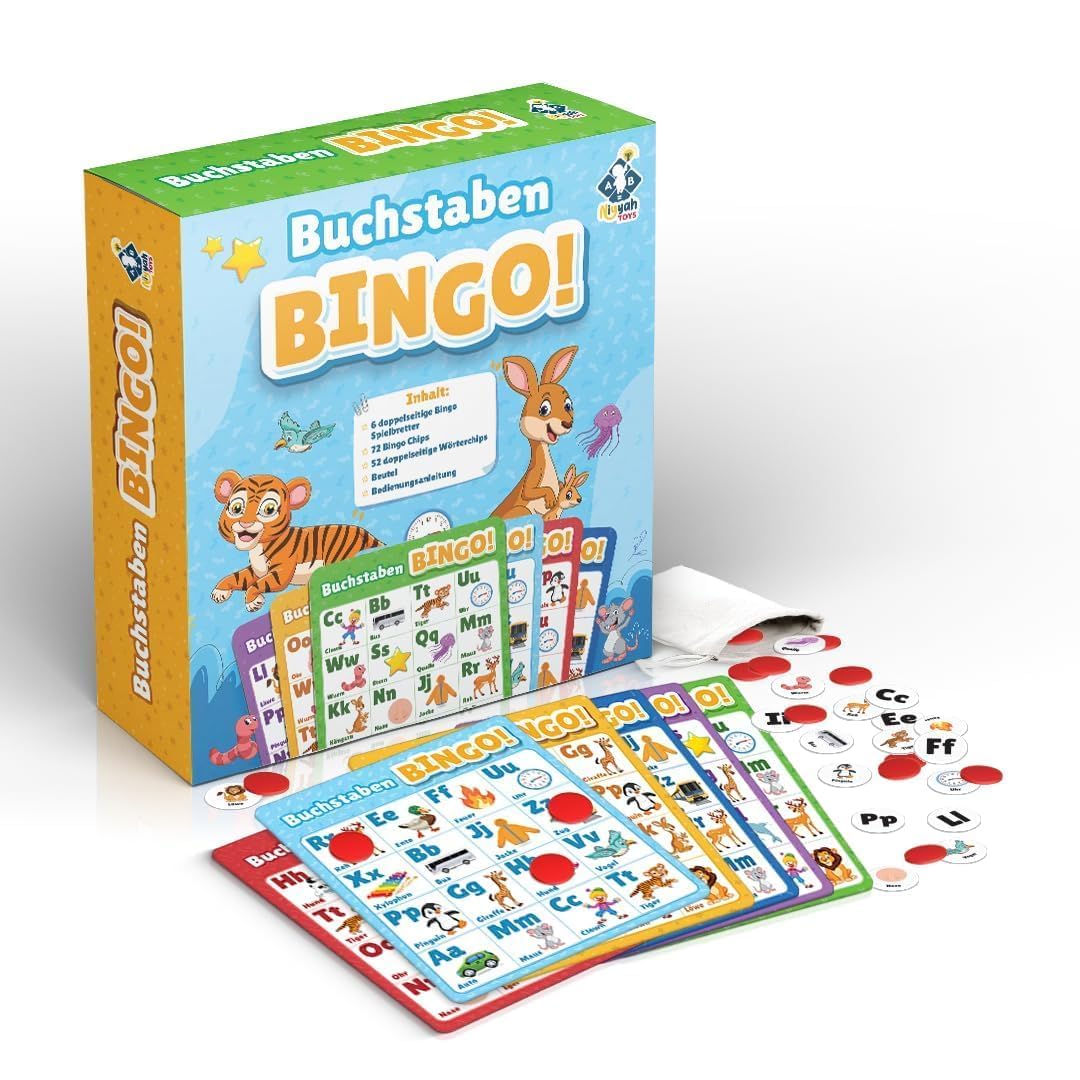 NIYYAH Nauka liter ABC Bingo gra edukacyjna dla dzieci od 4, 5, 6 lat, dla początkujących w szkole, do szkoły podstawowej, przedszkola, 1 klasa, prezent na rozpoczęcie szkoły, dla dziewczynek i