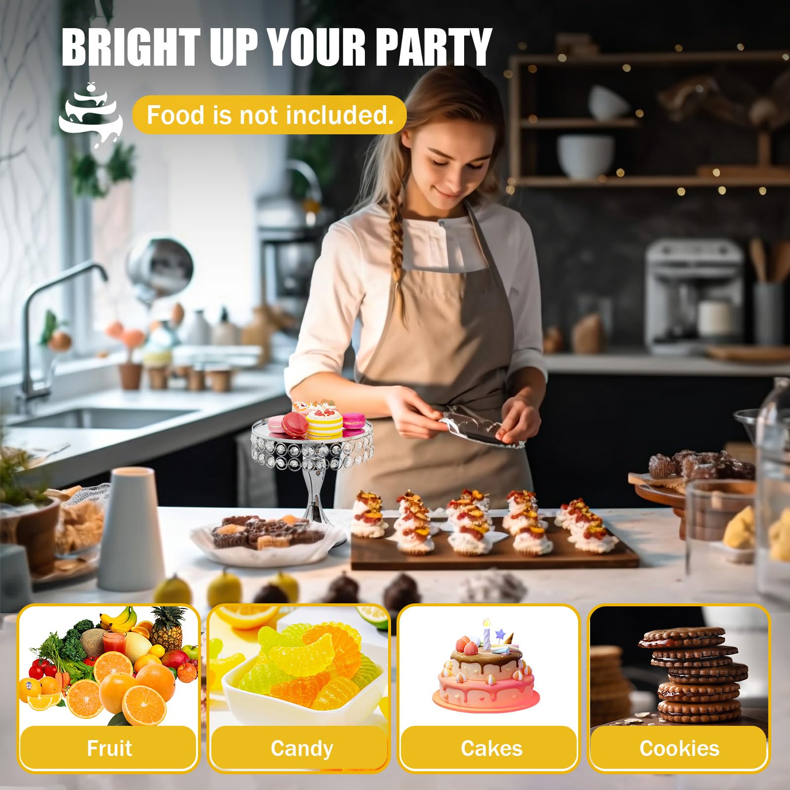Juego de 11 Piezas de Soportes para Pasteles, Soporte Redondo para Cupcakes de Metal niquelado, Platos de Cristal para postres, Bandeja Rectangular para Galletas con Tapa, Elegante