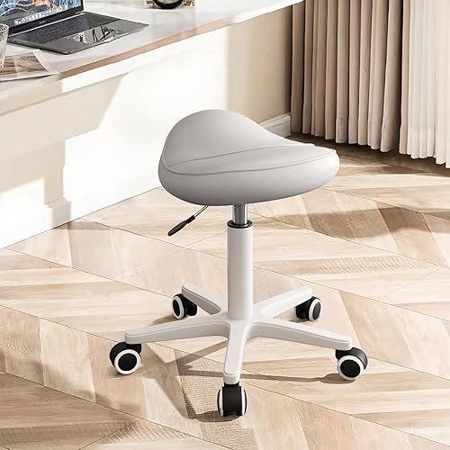 Ergonomic Rolling Stool Height Adjustment for Salon Spa Massage Studio Kitchen Home, PU Leather Saddle Stool Chair with Swivel Wheels and Soft Seat