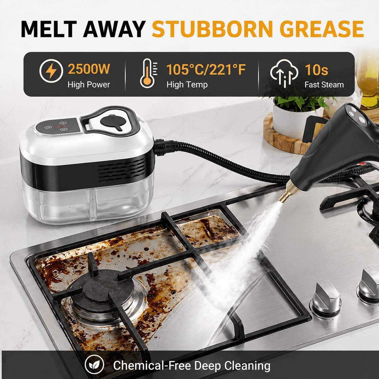 Handheld High-Temperature Pressurized Steam Cleaner, 2500W Portable Steamer with 6 Adjustable Levels, Multi-Surface Steam Cleaning Machine for Kitchen, Bathroom, Windows, Tile & Car Cleaning (Black)