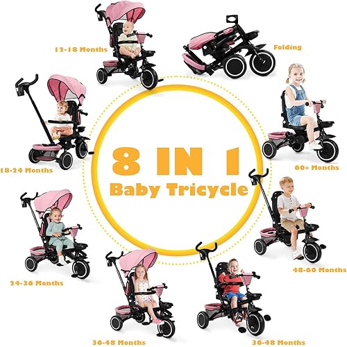 Miniatura 2 de Triciclo plegable para niños, triciclo de bebé 8 en 1 con toldo extraíble y ajustable, mango para padres, arnés de seguridad de 5 pioneros,